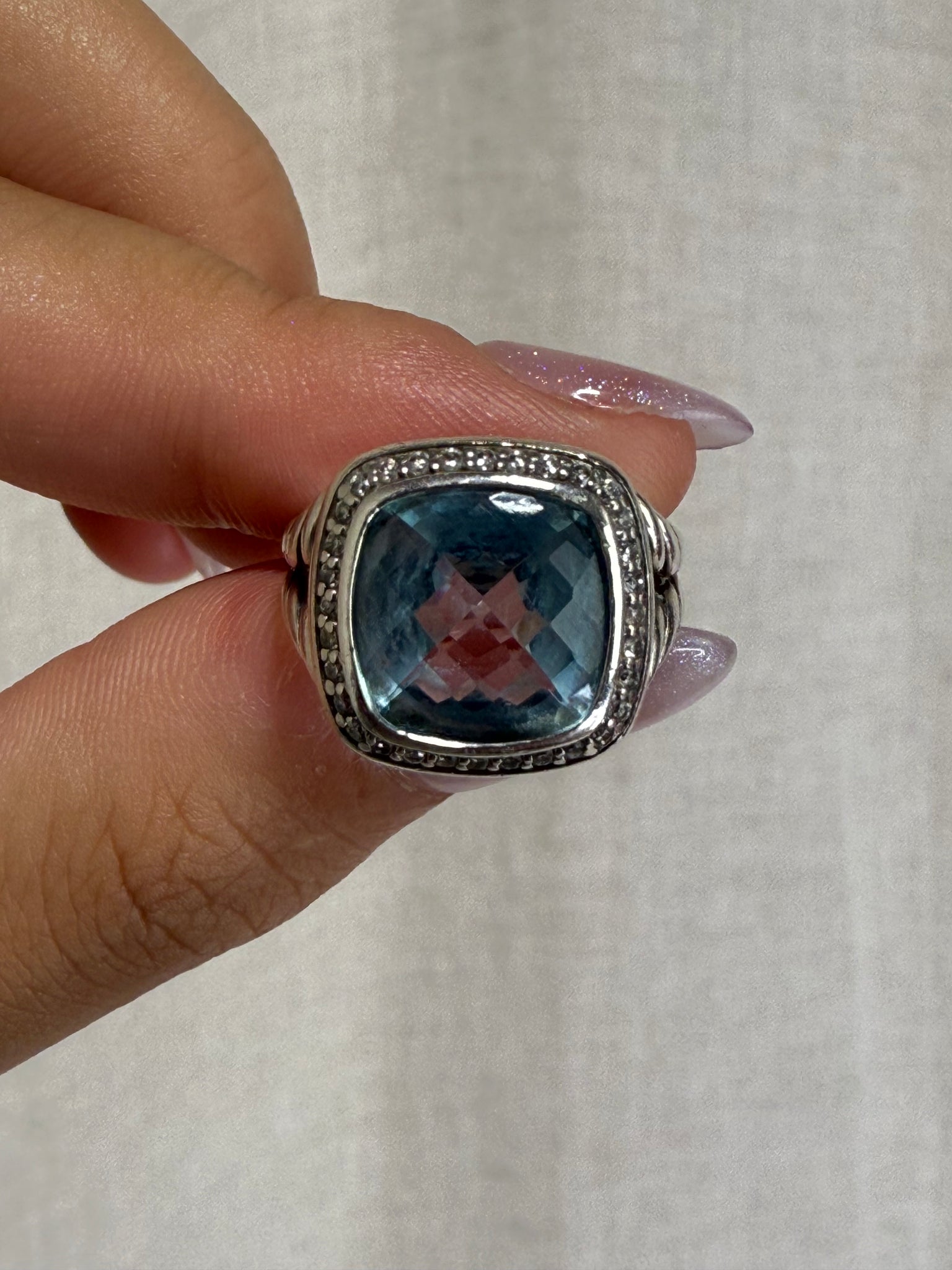 David Yurman Diamond and Light Blue Topaz Albion Ring Size 5