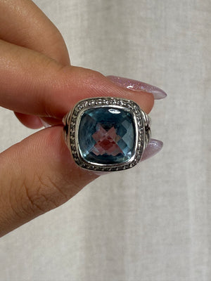 David Yurman Diamond and Light Blue Topaz Albion Ring Size 5