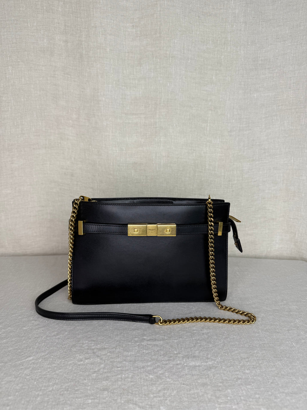 Saint Laurent Manhattan Small Crossbody Bag in Black Leather with Gold Hardware