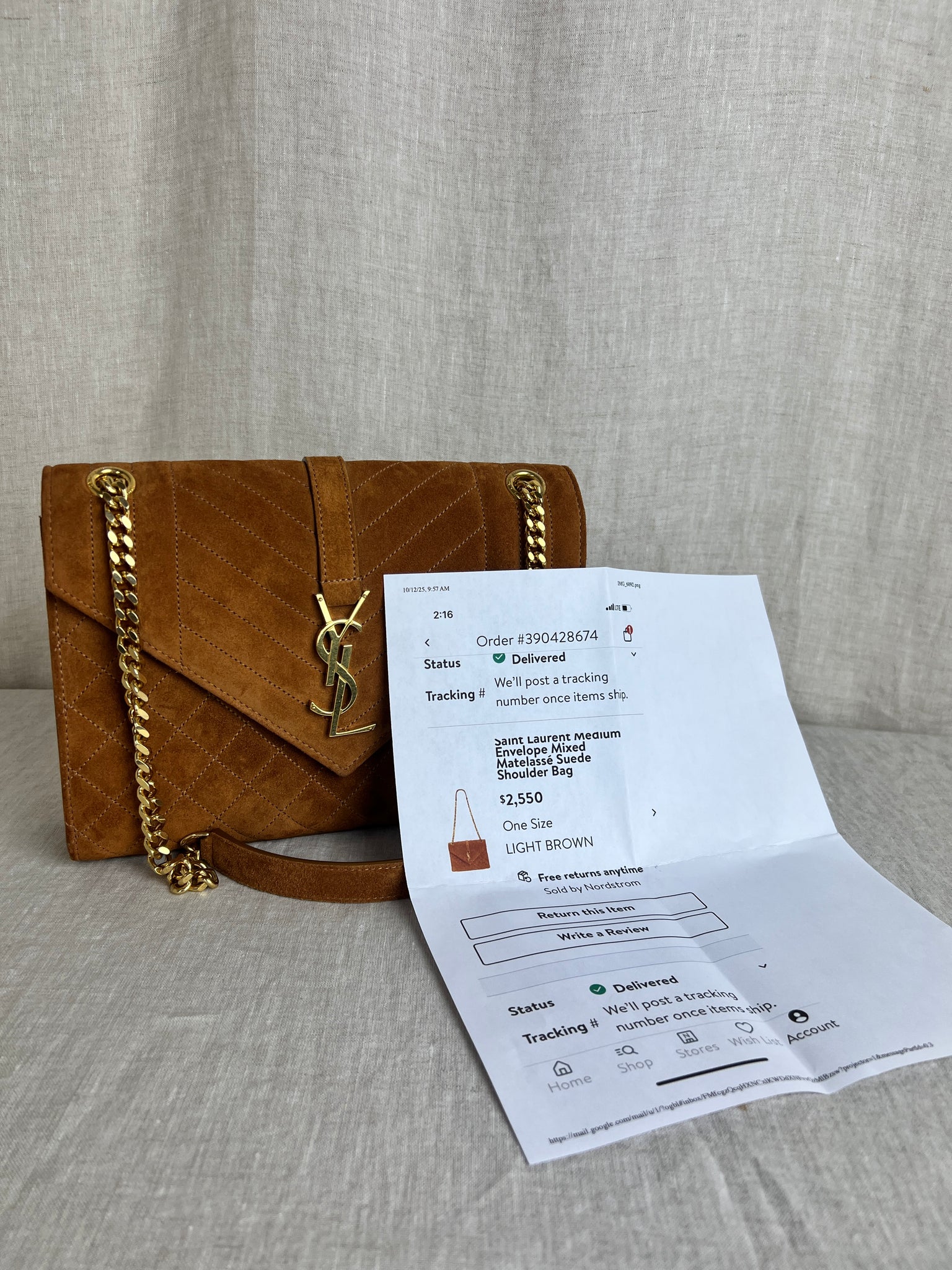 Saint Laurent Tri-Quilt Chain Shoulder Bag in Brown Suede with Gold Hardware