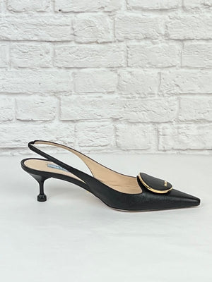 Prada Pointed Slingback Round Orbit Logo, Black