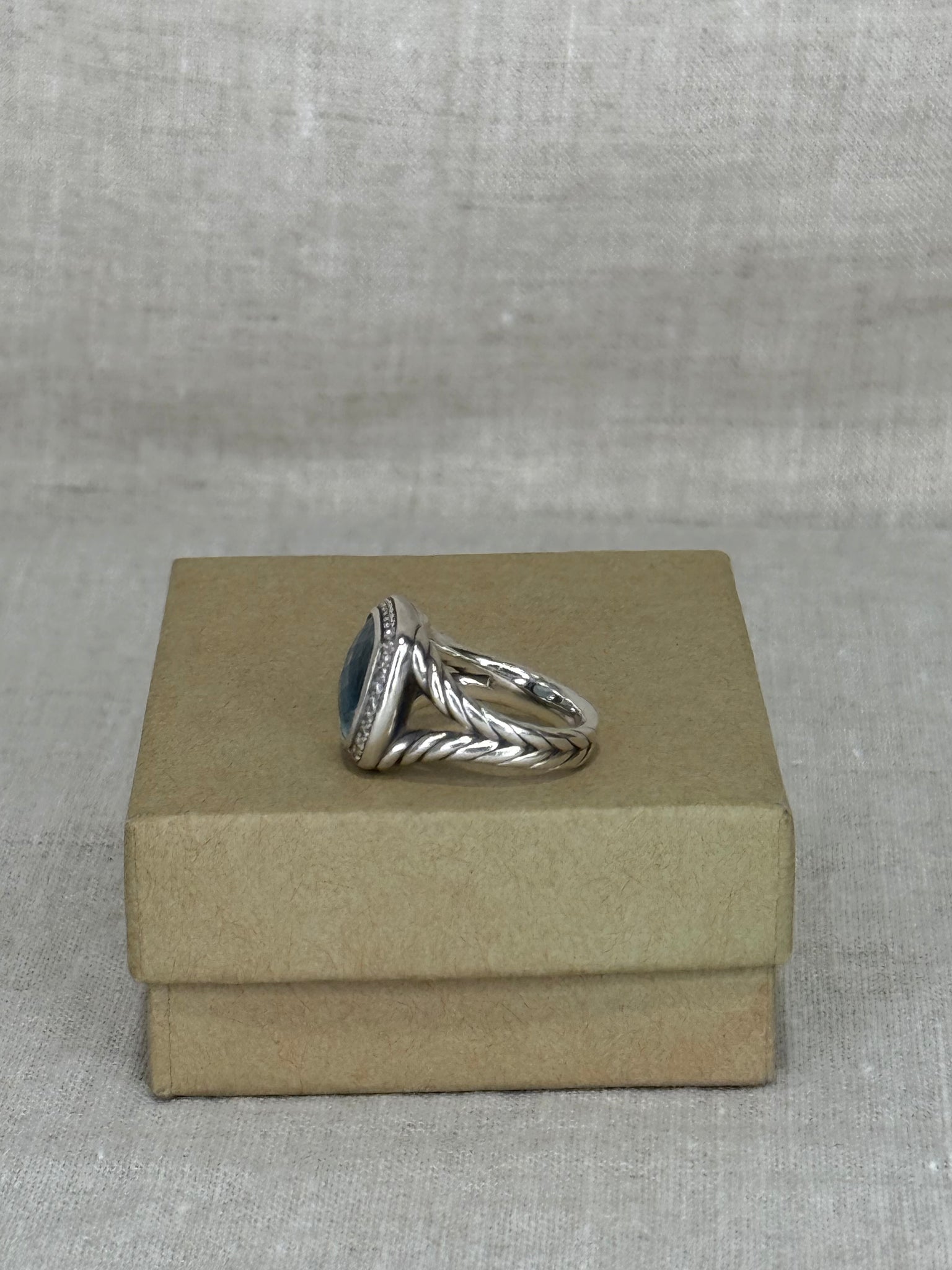 David Yurman Diamond and Light Blue Topaz Albion Ring Size 5