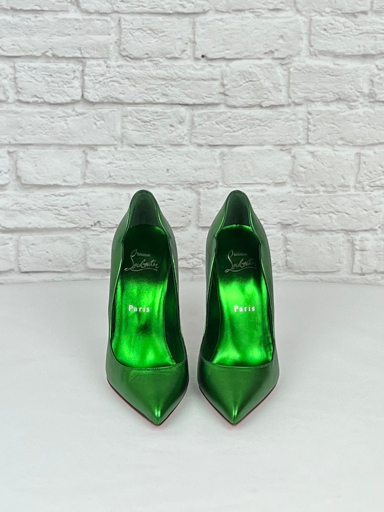 Christian Louboutin Hot Chick 100 Metallic Leather Pumps, Size 36.5 , Green