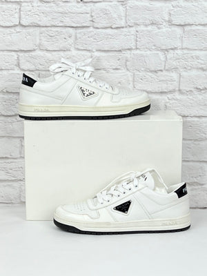 Prada Downtown Perforated Leather Sneakers, Size 37, White