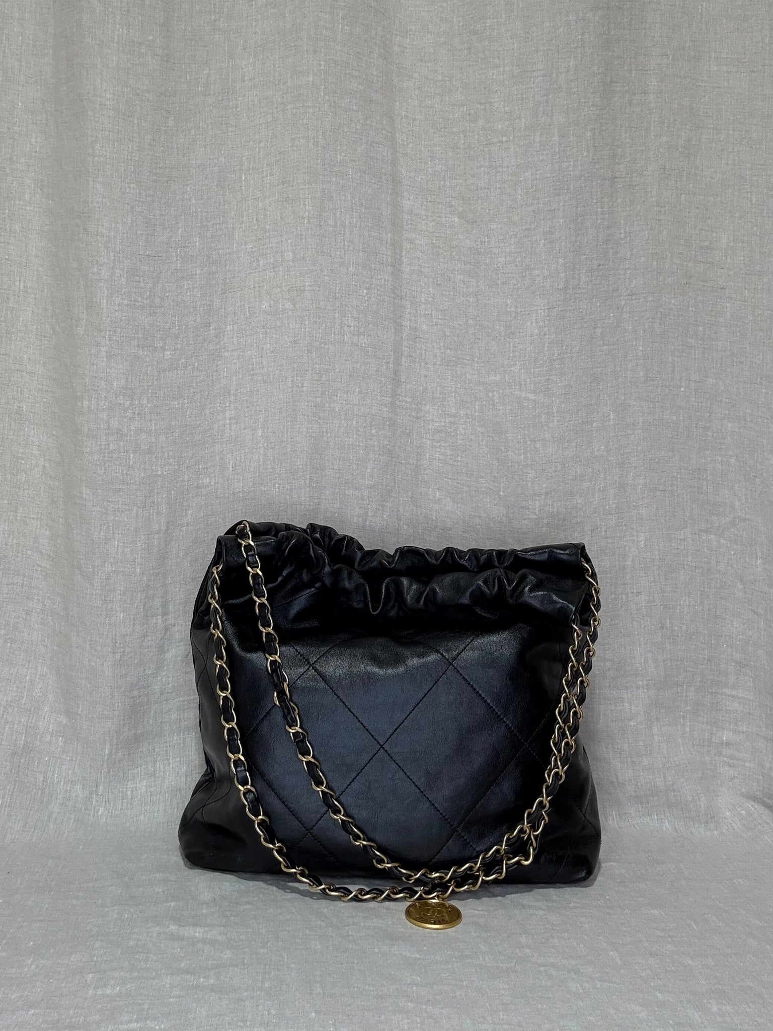Chanel 22 Bag Small Black Calfskin Leather Gold Hardware