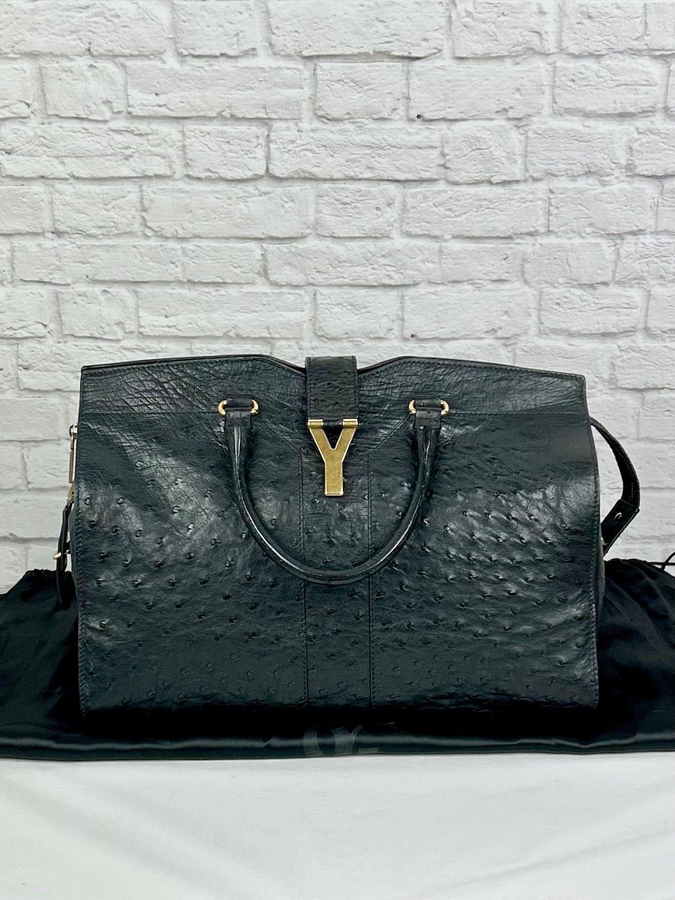 YSL Ostrich Leather Large Cabas ChYc Bag, Black