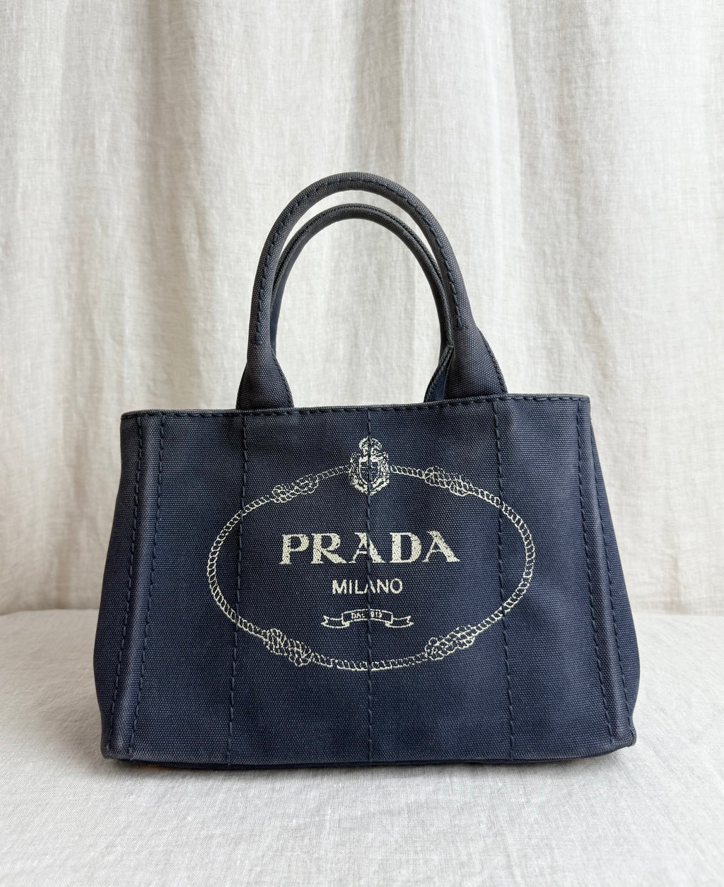 Prada Small Navy Canapa Canvas Tote