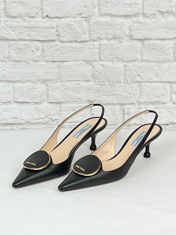 Prada Pointed Slingback Round Orbit Logo, Black