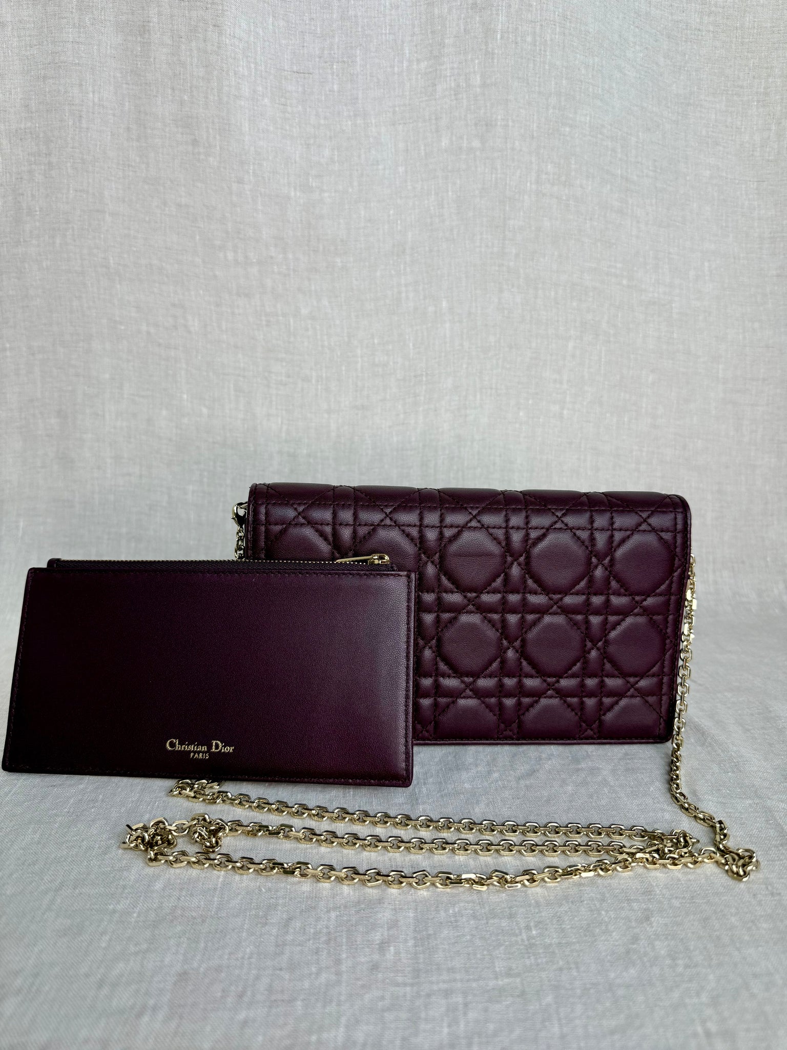 Christian Dior Lady Dior Pouch Burgundy Cannage Quilted Lambskin Leather Gold Hardware