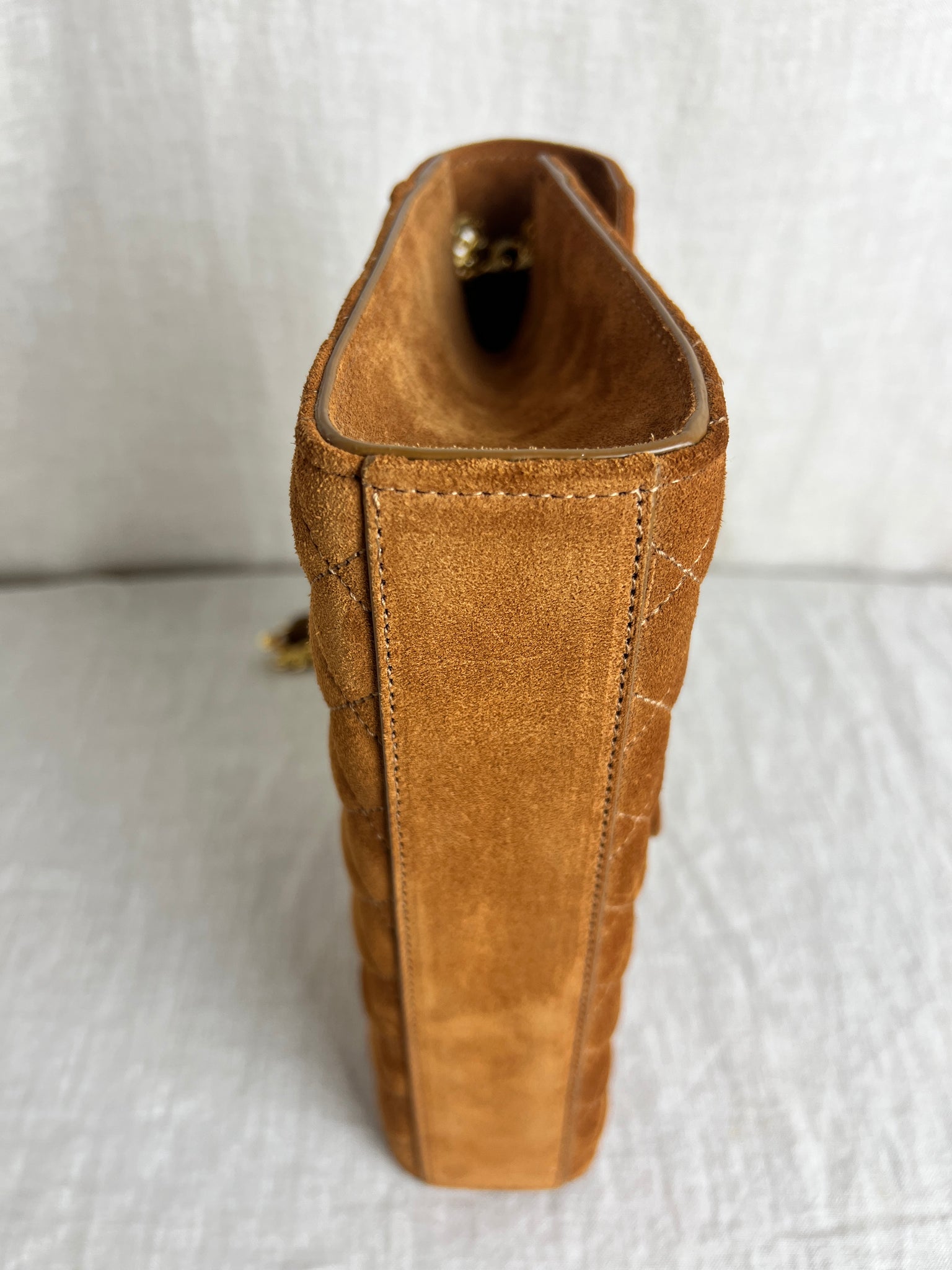 Saint Laurent Tri-Quilt Chain Shoulder Bag in Brown Suede with Gold Hardware