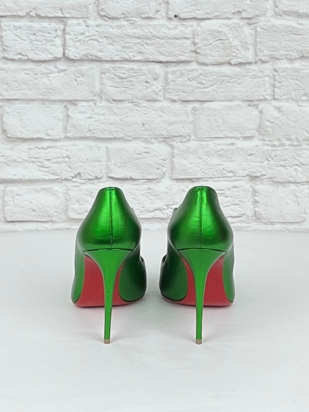 Christian Louboutin Hot Chick 100 Metallic Leather Pumps, Size 36.5 , Green