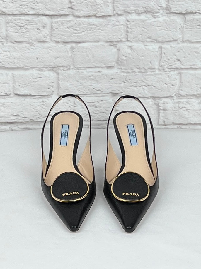 Prada Pointed Slingback Round Orbit Logo, Black