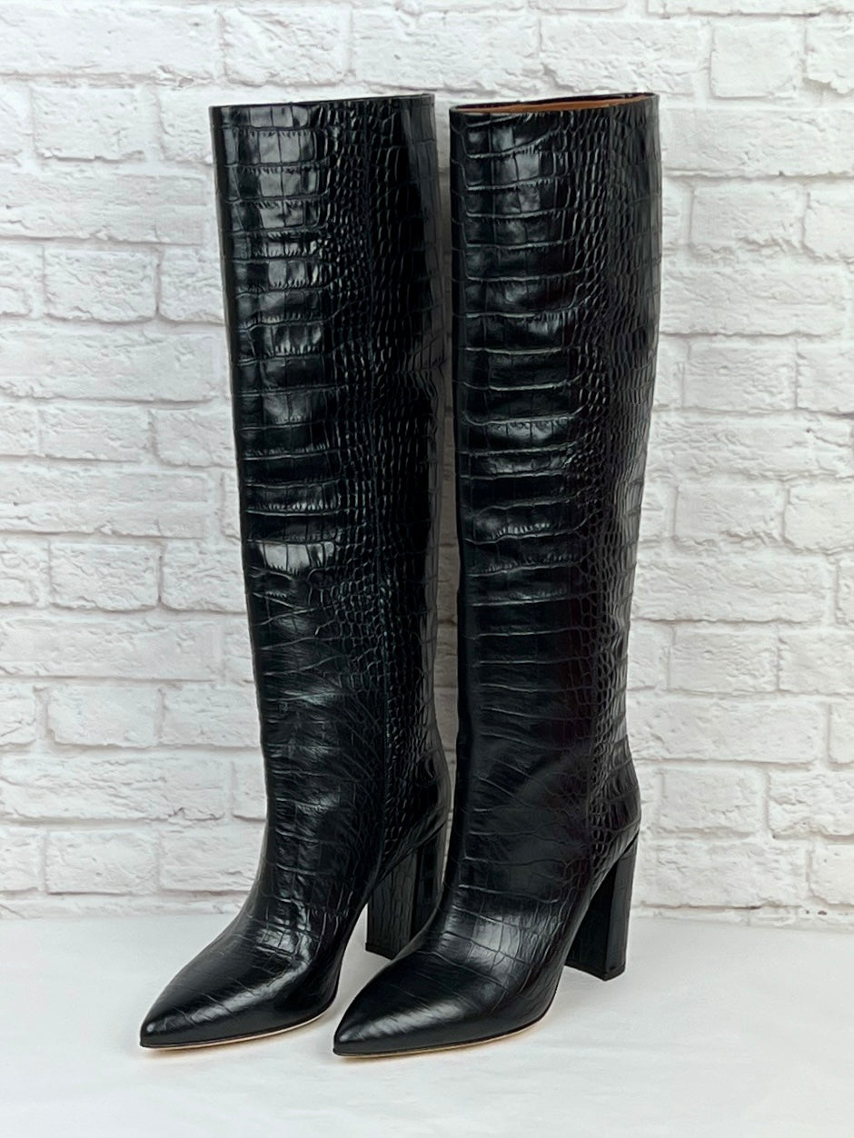 Paris Texas Anja Knee-High Croc-Embossed Leather Boots, NEW, Size 39.5, Black