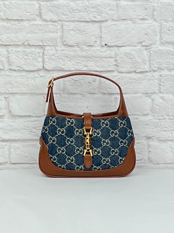 Gucci  New Denim GG Monogram Calfskin Mini Jackie 1961 Hobo,  Blue/Tea Cuir