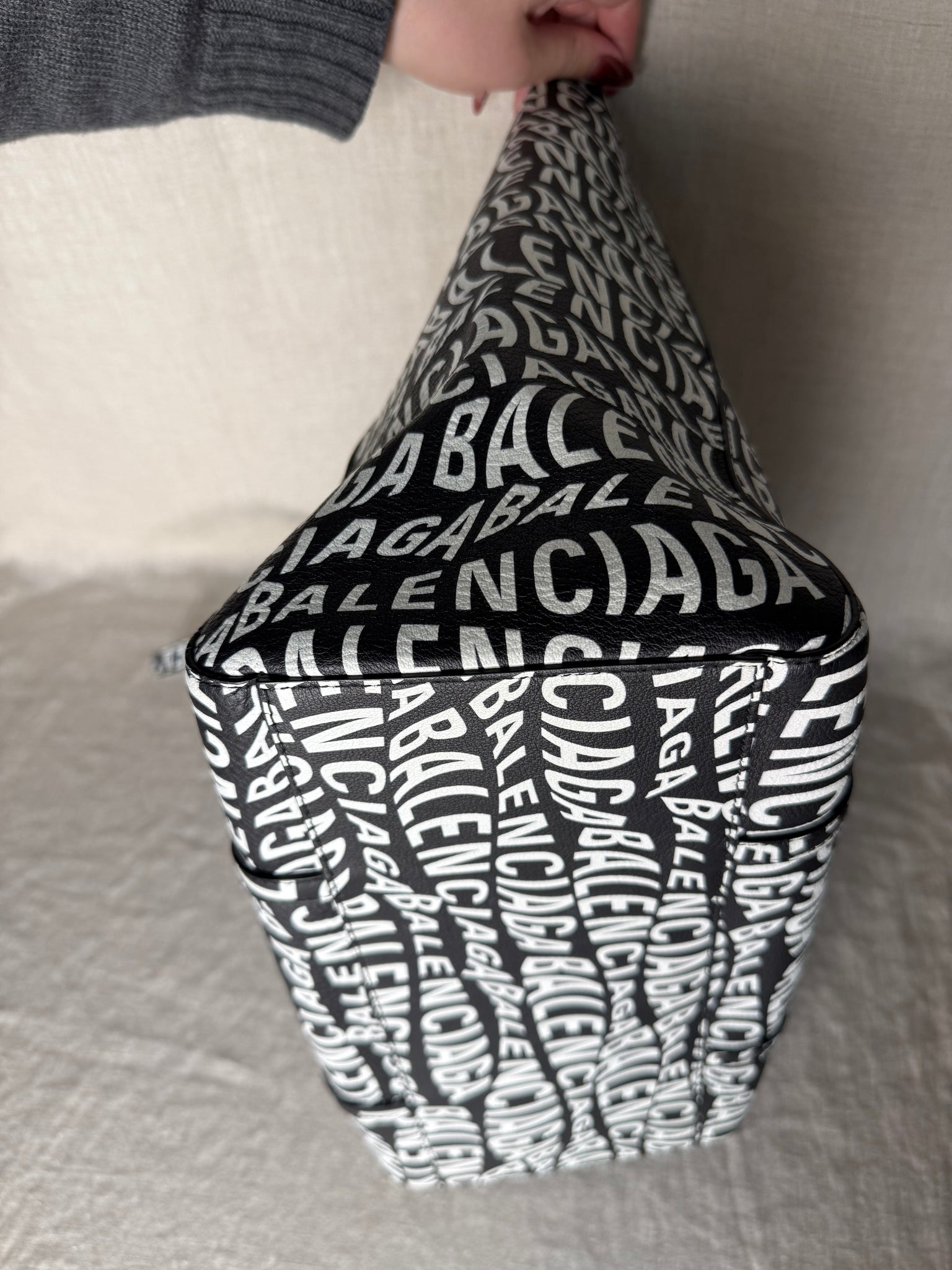 Balenciaga All Over Logo Black Leather Tote Bag