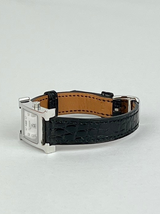 Hermes Heure H Stainless Steel Watch, Mother of Pearl Face W/ Diamonds, 17.2 mm Alligator Strap, Black