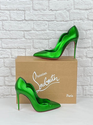 Christian Louboutin Hot Chick 100 Metallic Leather Pumps, Size 36.5 , Green