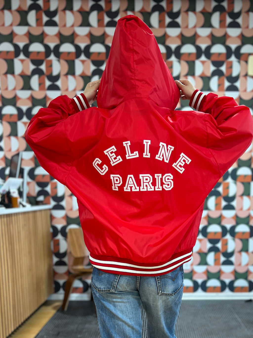 Celine 2021 Nylon Hooded Jacket, Size L, Red