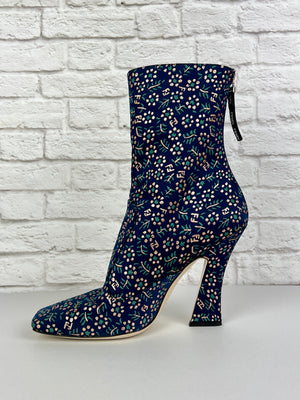 Fendi FFreedom Floral Brrocade Square Toe Ankle Boots, Size 39, Blue