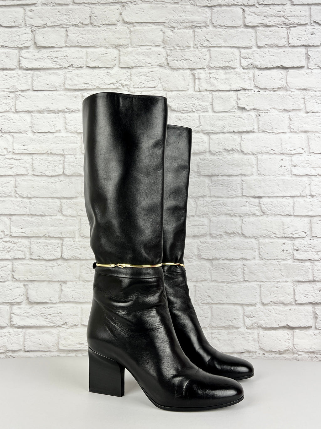 JIL SANDER   Black Leather Knee Boots, Size 38/US 8, Black