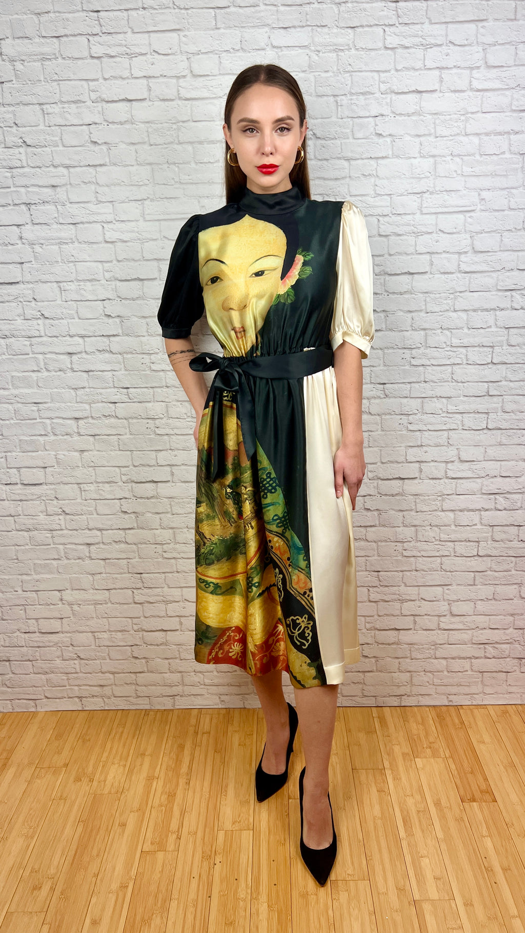 SIMONE ROCHA Portrait-Print Silk Midi Dress with Pockets, Size 6