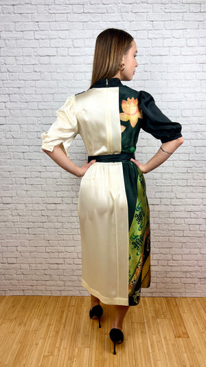 SIMONE ROCHA Portrait-Print Silk Midi Dress with Pockets, Size 6
