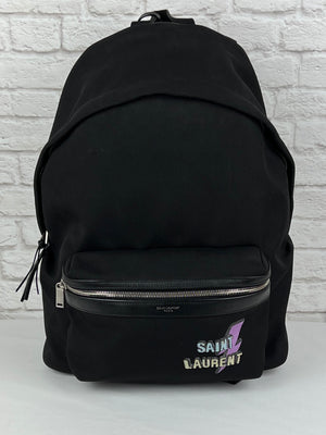 Saint Laurent Lightning Bolt Logo City Backpack in Nylon Canvas and Leather, Black