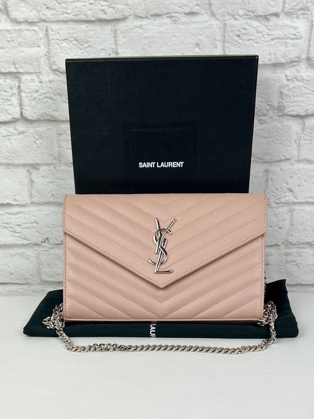 SAINT LAURENT Cassandre Large Envelope Chain Matelassé Textured-leather Wallet, Pale Pink