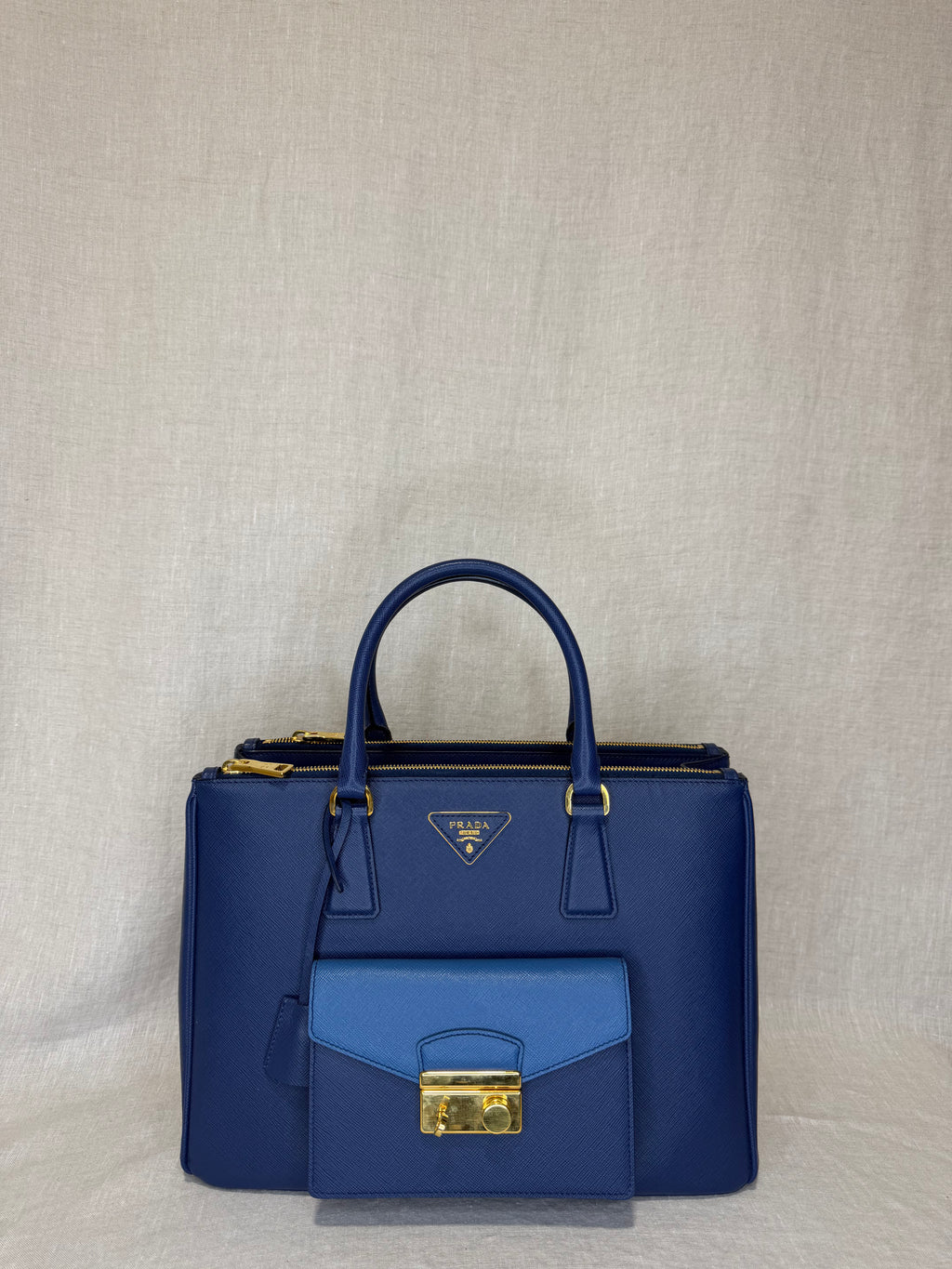 Prada Saffiano Lux Bi-Color Tote - Blue