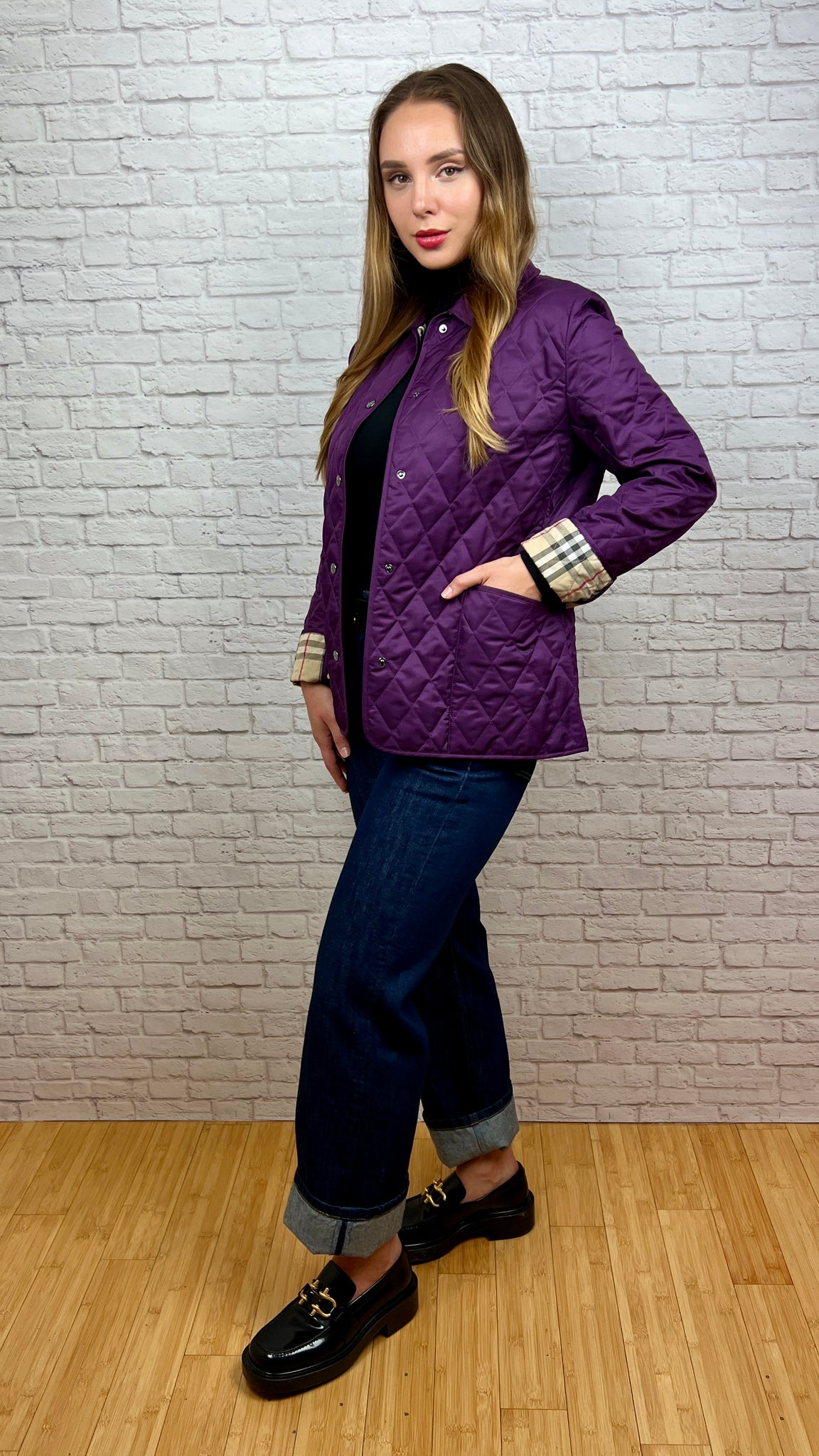 BURBERRY Quilted Shell Jacket, Size Small, Purple