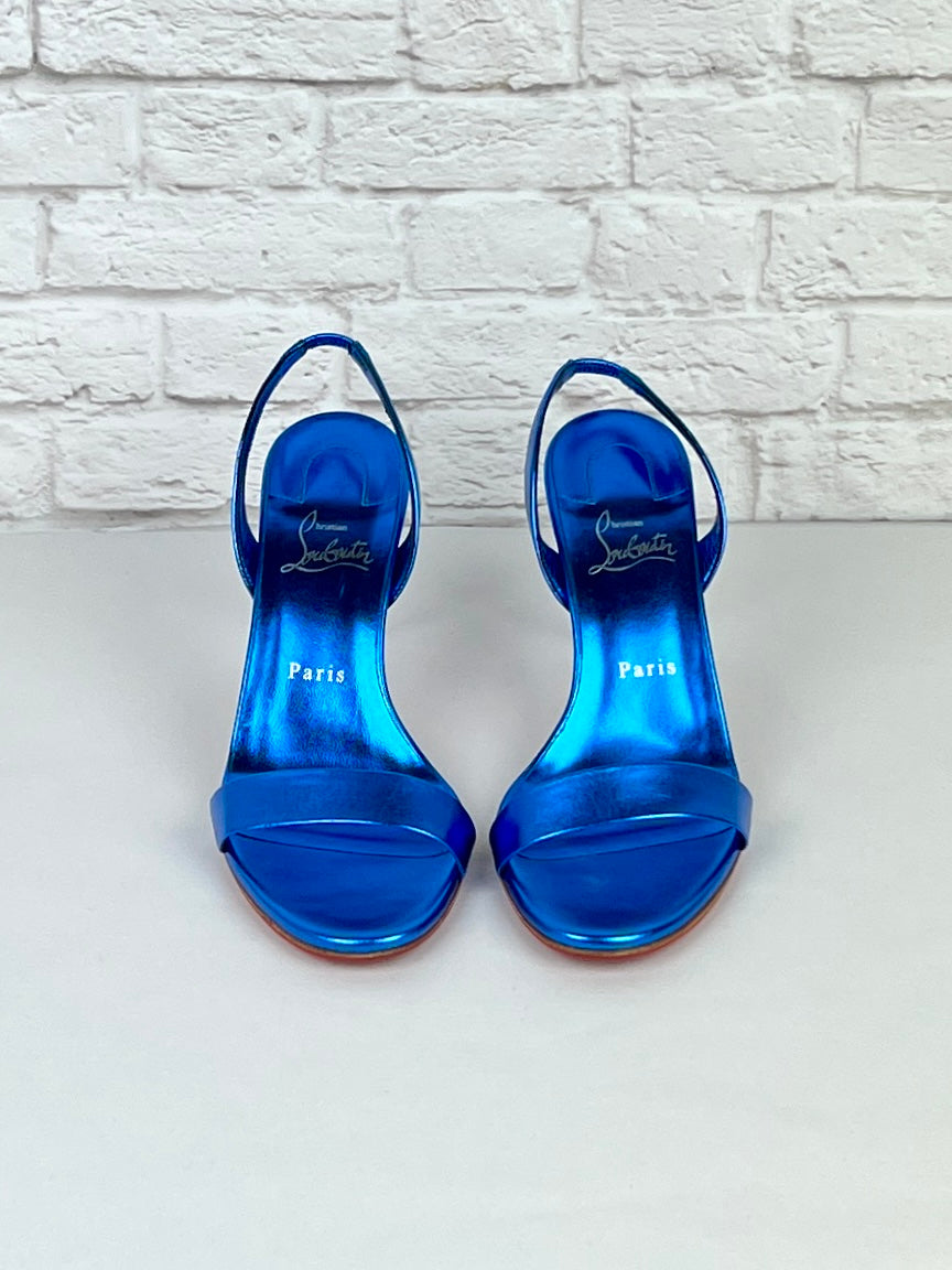 Christian Louboutin O Marylin 85 mm Sandals, Metallic Blue, Size 39.5