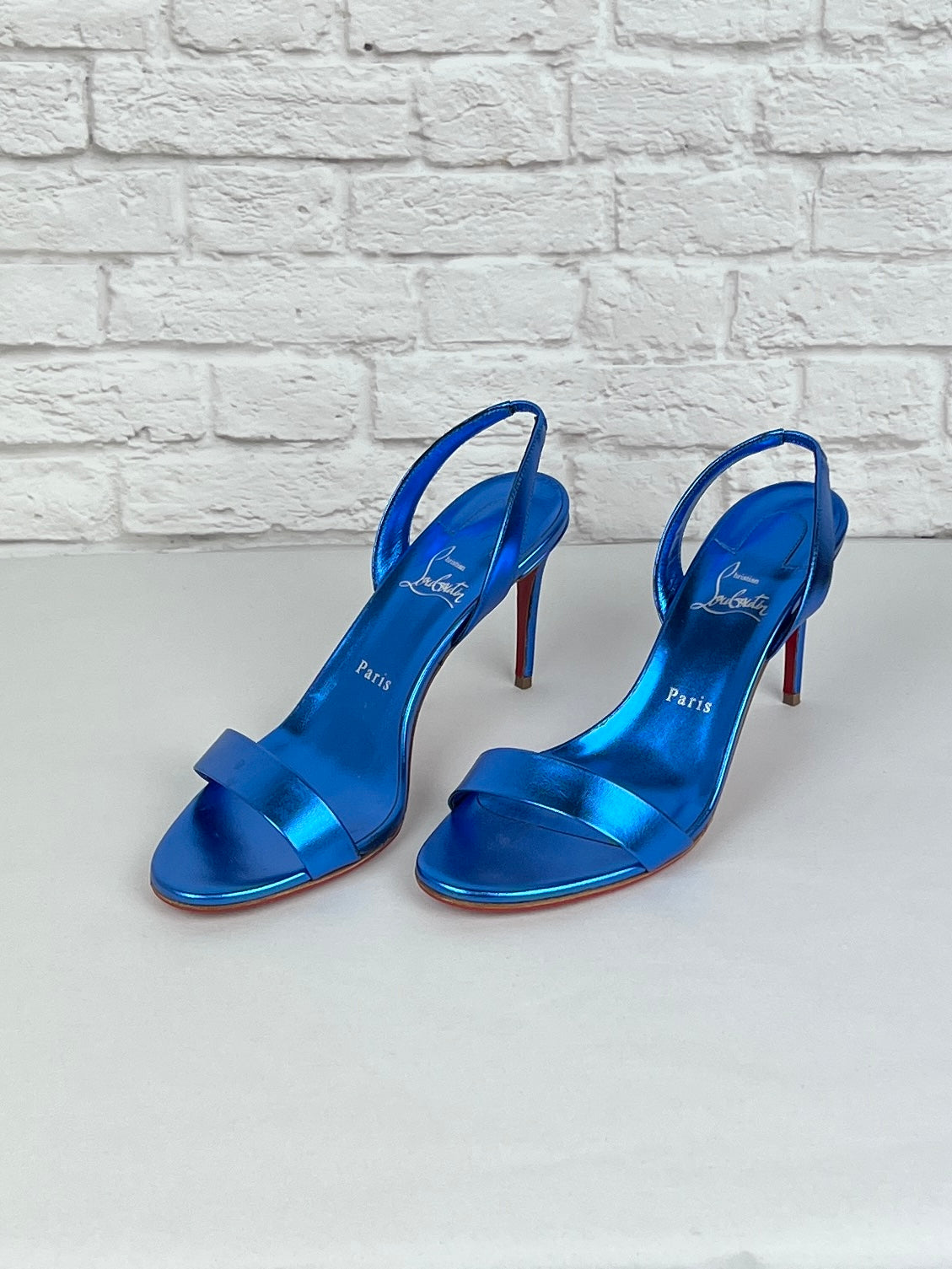 Christian Louboutin O Marylin 85 mm Sandals, Metallic Blue, Size 39.5