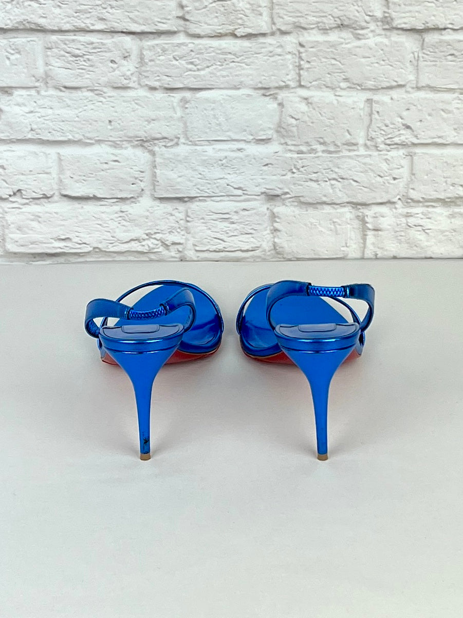 Christian Louboutin O Marylin 85 mm Sandals, Metallic Blue, Size 39.5