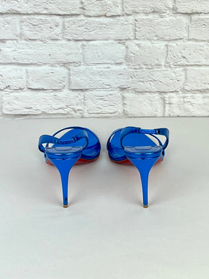 Christian Louboutin O Marylin 85 mm Sandals, Metallic Blue, Size 39.5