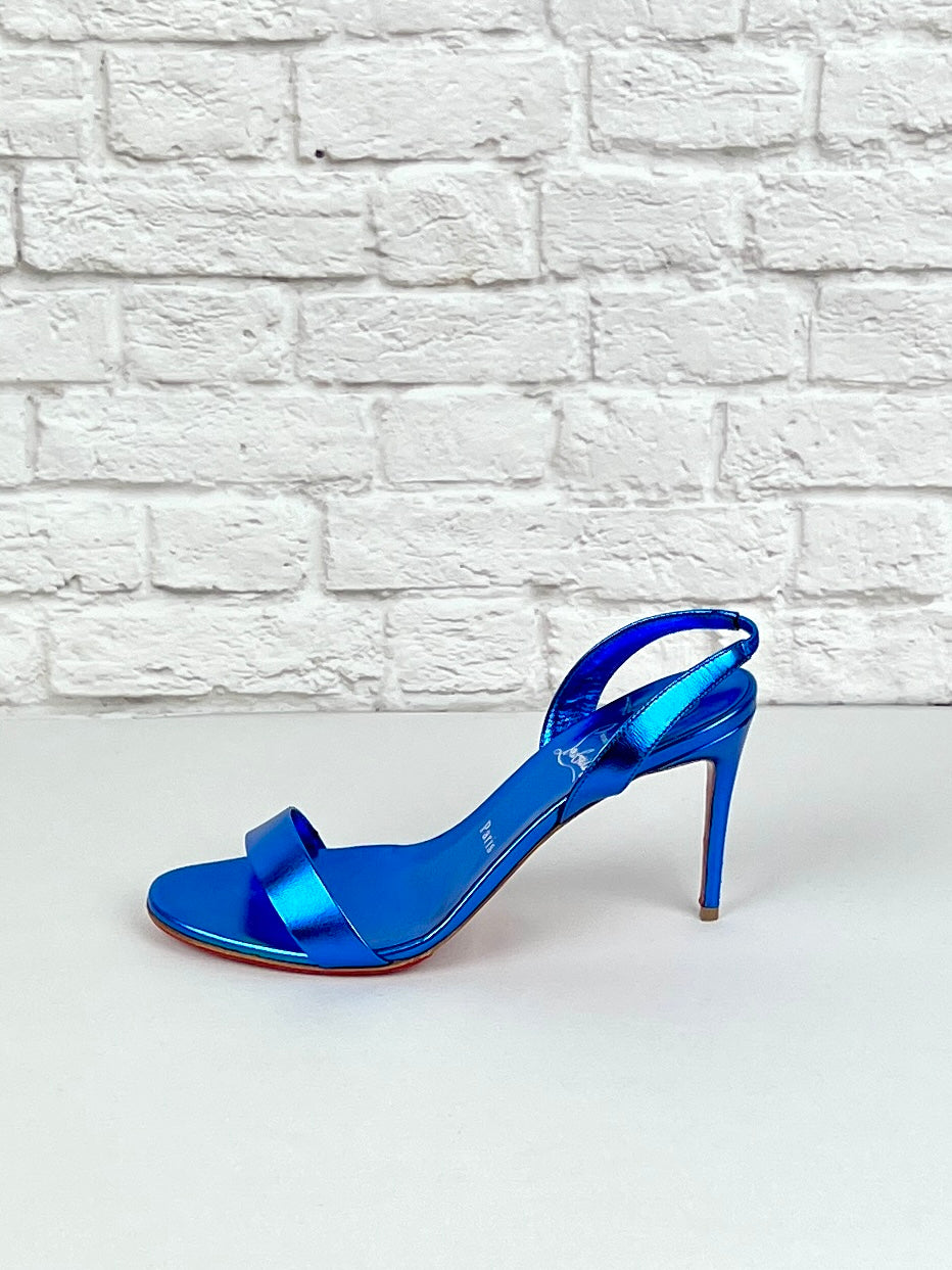 Christian Louboutin O Marylin 85 mm Sandals, Metallic Blue, Size 39.5