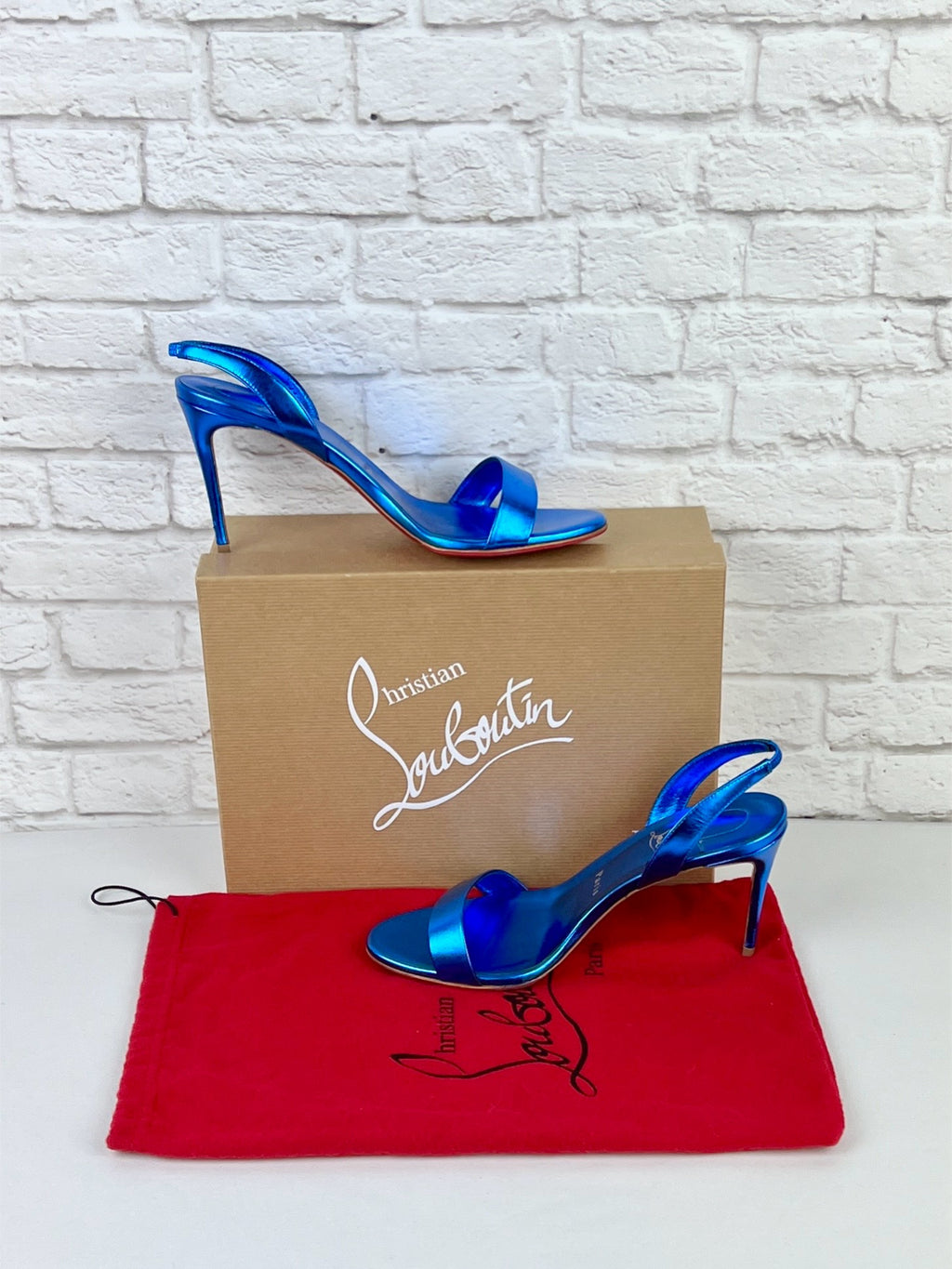 Christian Louboutin O Marylin 85 mm Sandals, Metallic Blue, Size 39.5