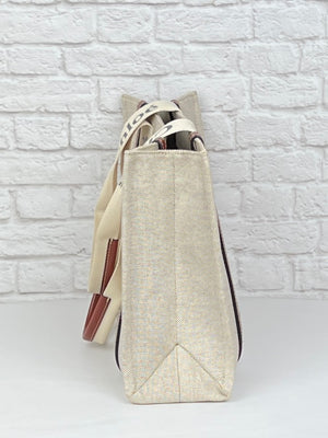 Chloe Woody Linen Tote, White/Brown