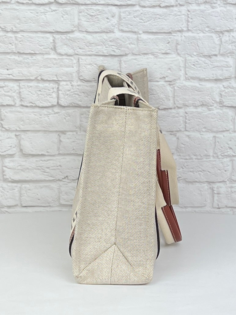 Chloe Woody Linen Tote, White/Brown