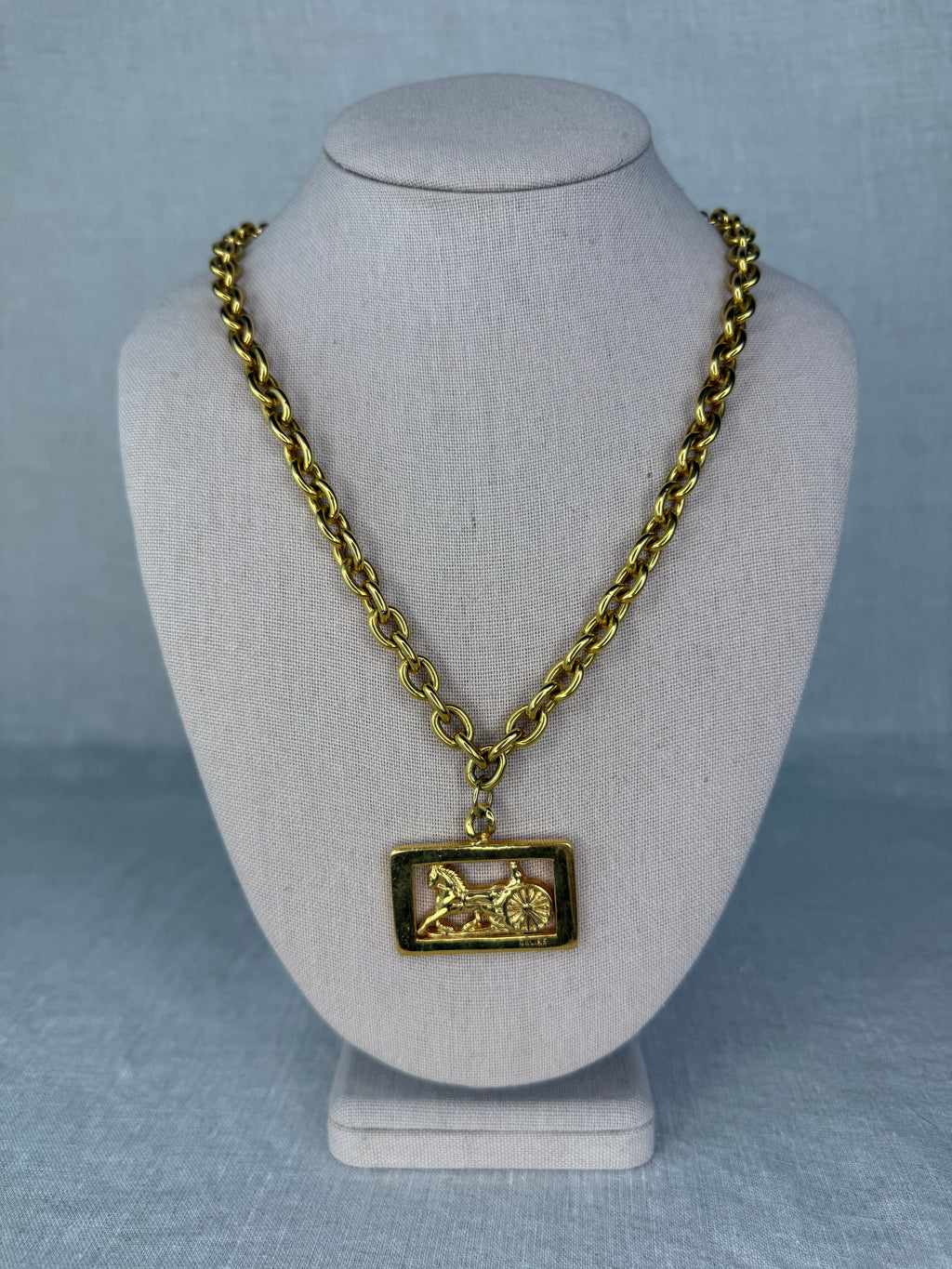 Celine Vintage Gold Tone Carriage Logo Necklace