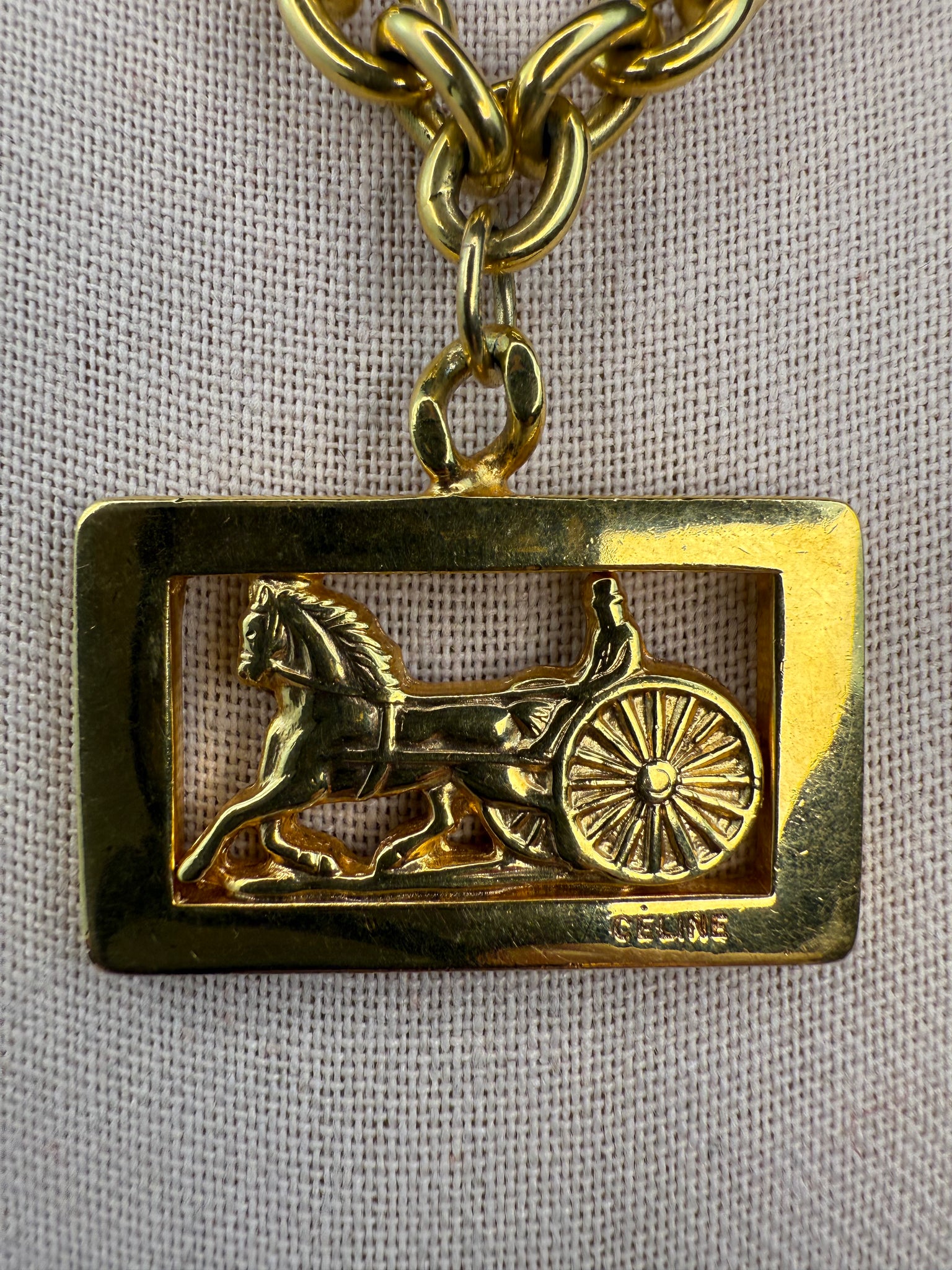 Celine Vintage Gold Tone Carriage Logo Necklace