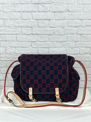 Gucci Wool/Leather Diaper Bag, Navy/Red