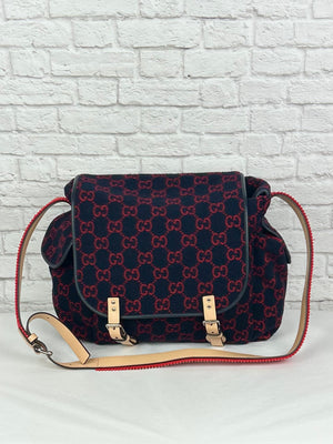 Gucci Wool/Leather Diaper Bag, Navy/Red