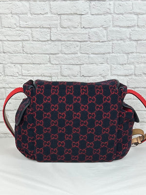 Gucci Wool/Leather Diaper Bag, Navy/Red