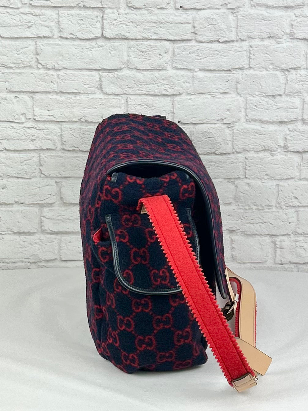 Gucci Wool/Leather Diaper Bag, Navy/Red