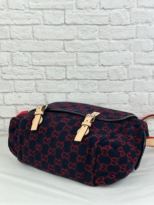 Gucci Wool/Leather Diaper Bag, Navy/Red