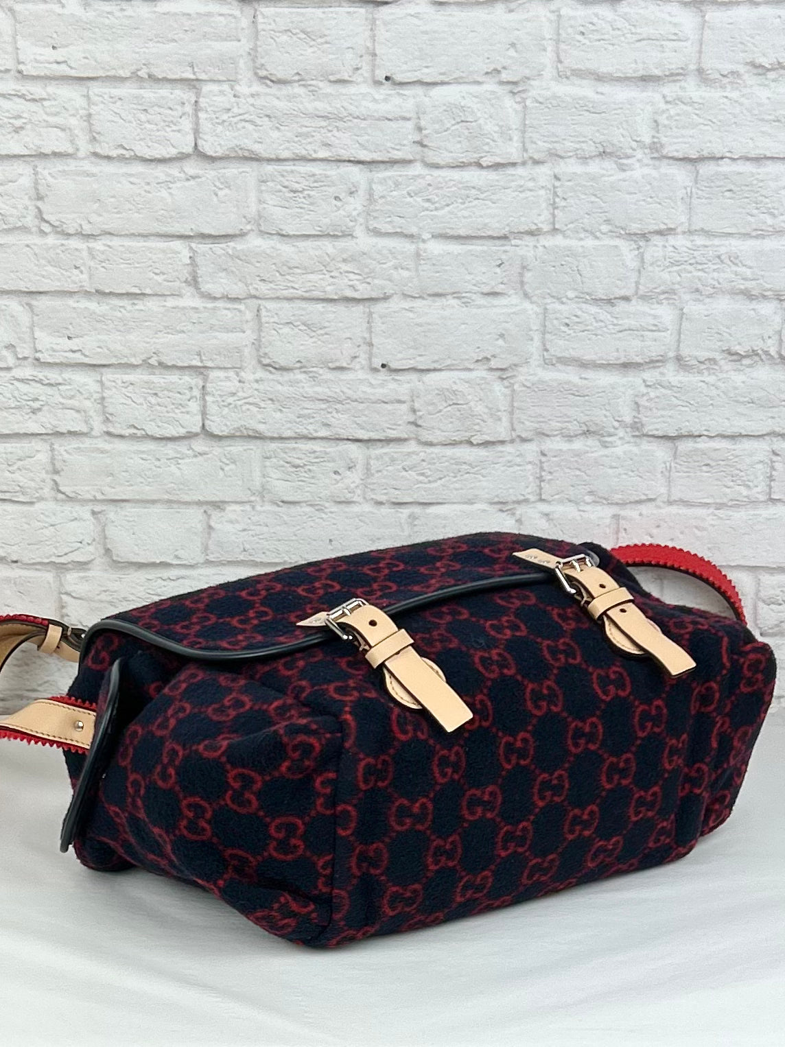 Gucci Wool/Leather Diaper Bag, Navy/Red