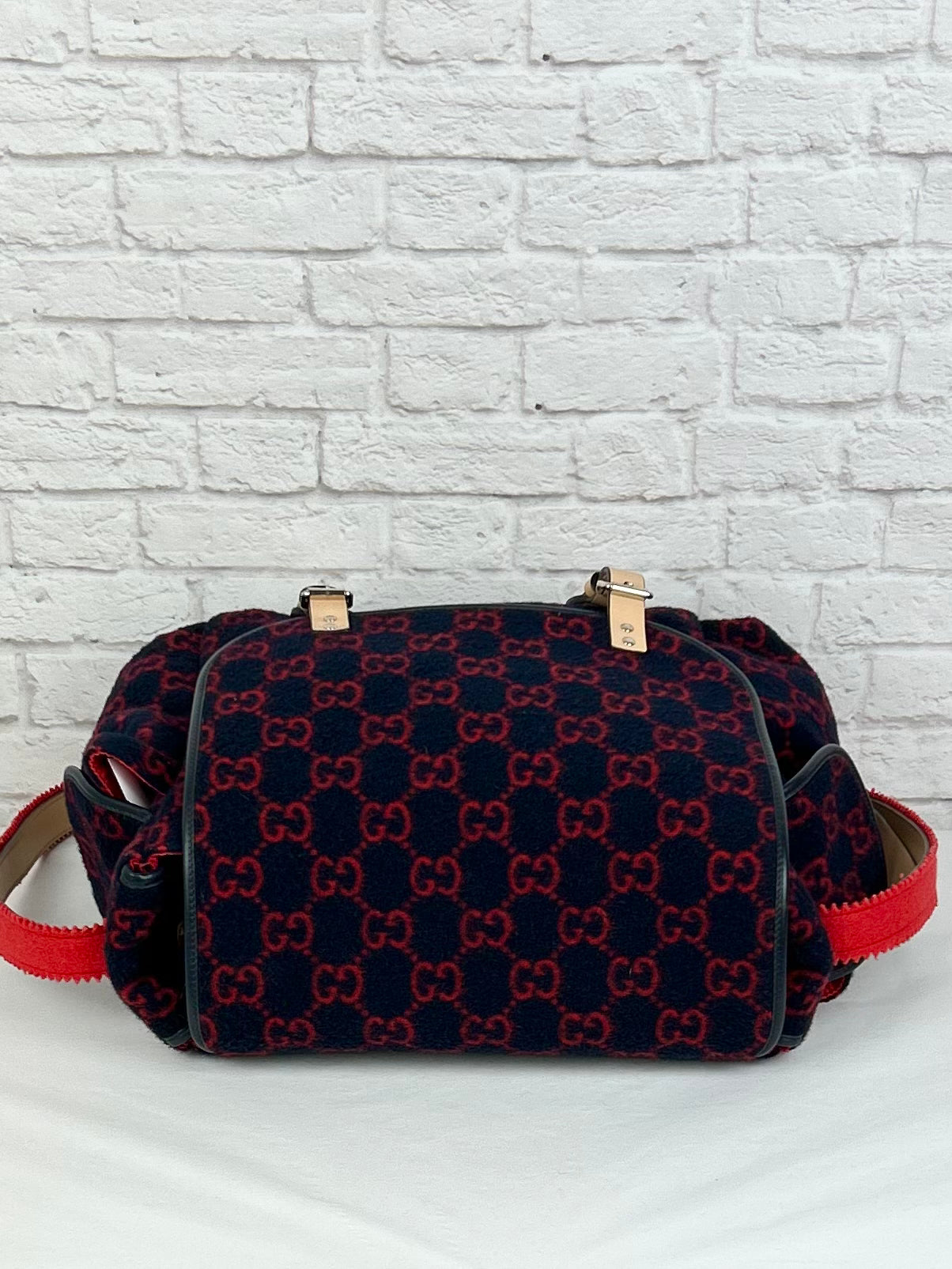 Gucci Wool/Leather Diaper Bag, Navy/Red