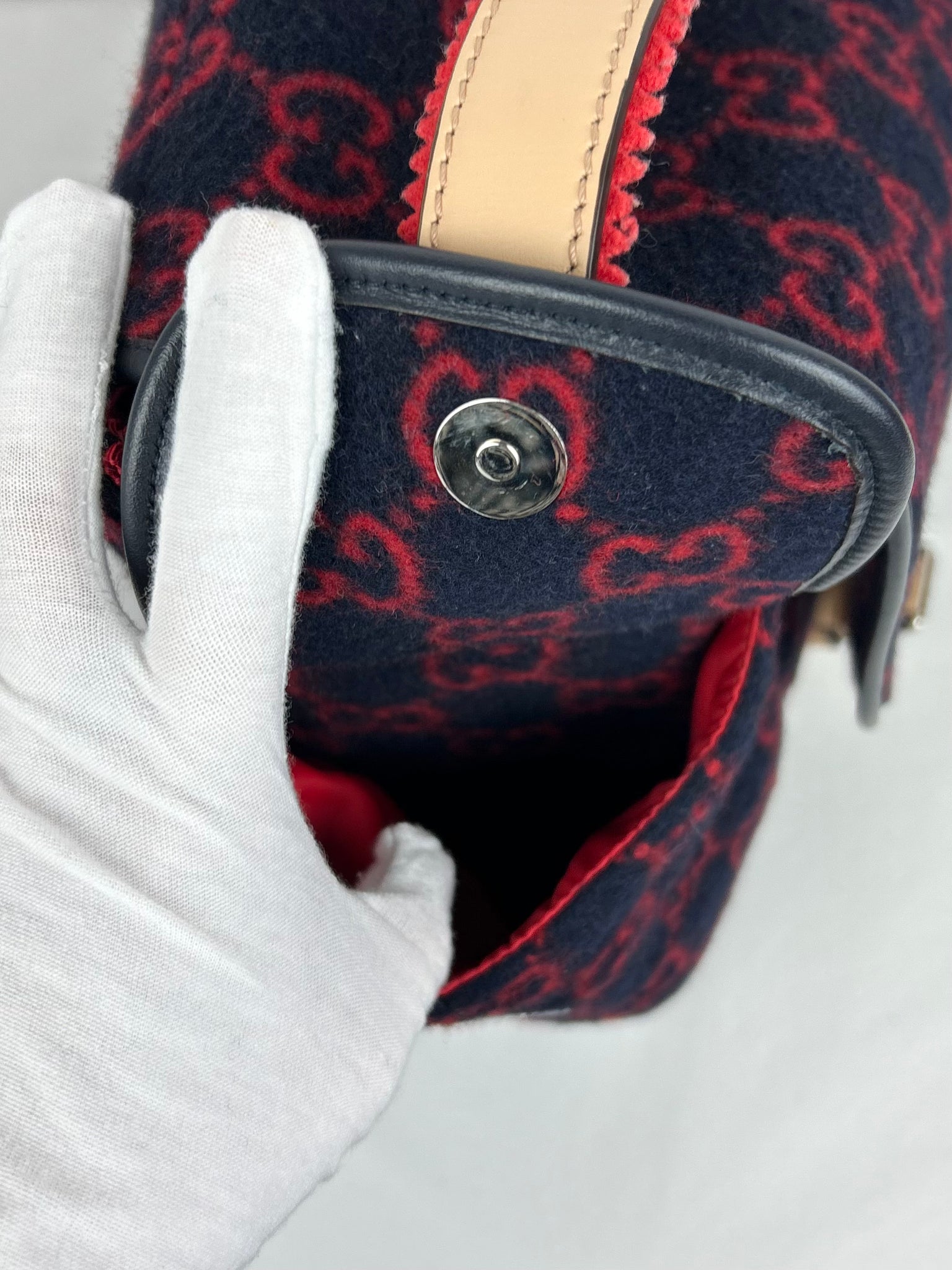 Gucci Wool/Leather Diaper Bag, Navy/Red