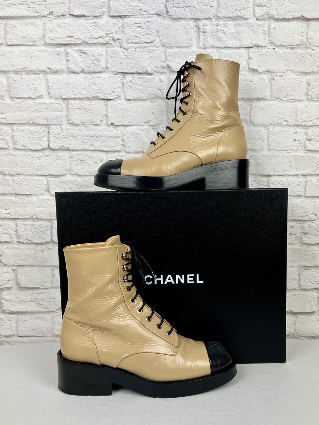 Chanel 22A Shiny Goatskin Combat Boots, Size 40 (US 9), Beige & Dark Gray (looks Black)