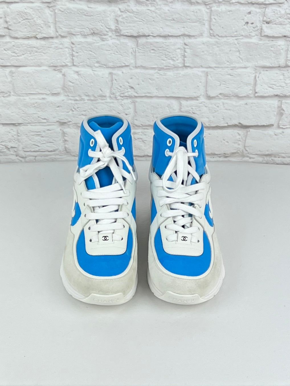 Chanel SS18 Fluo Blue CC Sneakers, Size 38, White/Blue